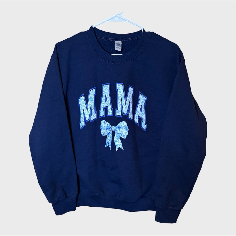 Mama Sweatshirt Navy Small Blue Floral Bow Coquette Preppy Momma Crewneck - Picture 2 of 4